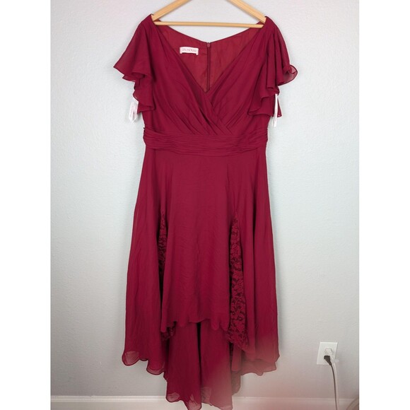 JJ's House Dress Womens Large Red Flutter Sleeve Lace Insert Chiffon Formal Gown - Picture 1 of 11